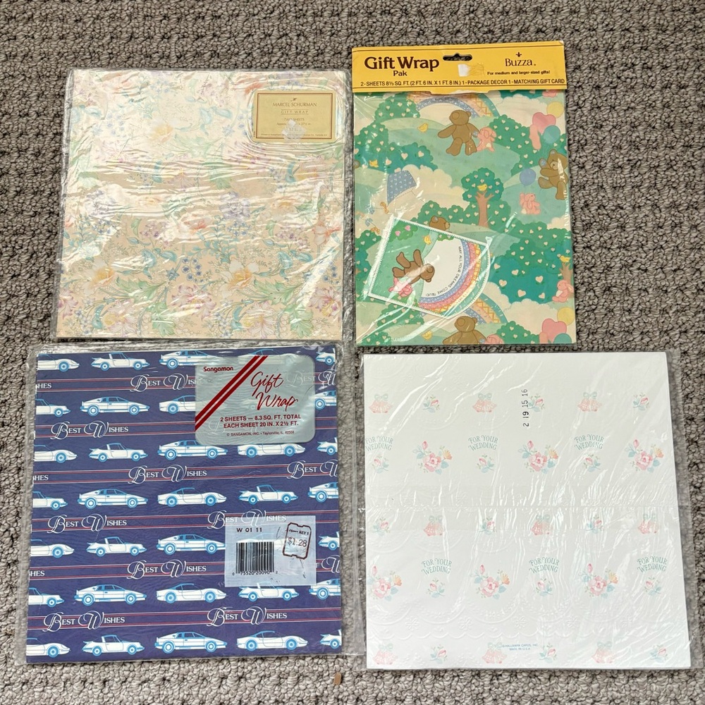 Vintage Gift Wrap Paper 4 New Squares Sheets Wedding Baby Floral Dad Hallmark